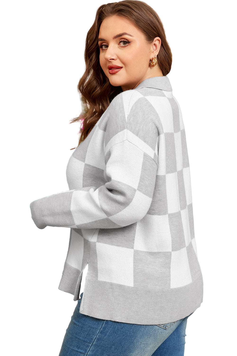 Gray Plus Size Checkered Pattern Button Polo Collar Split Sweater