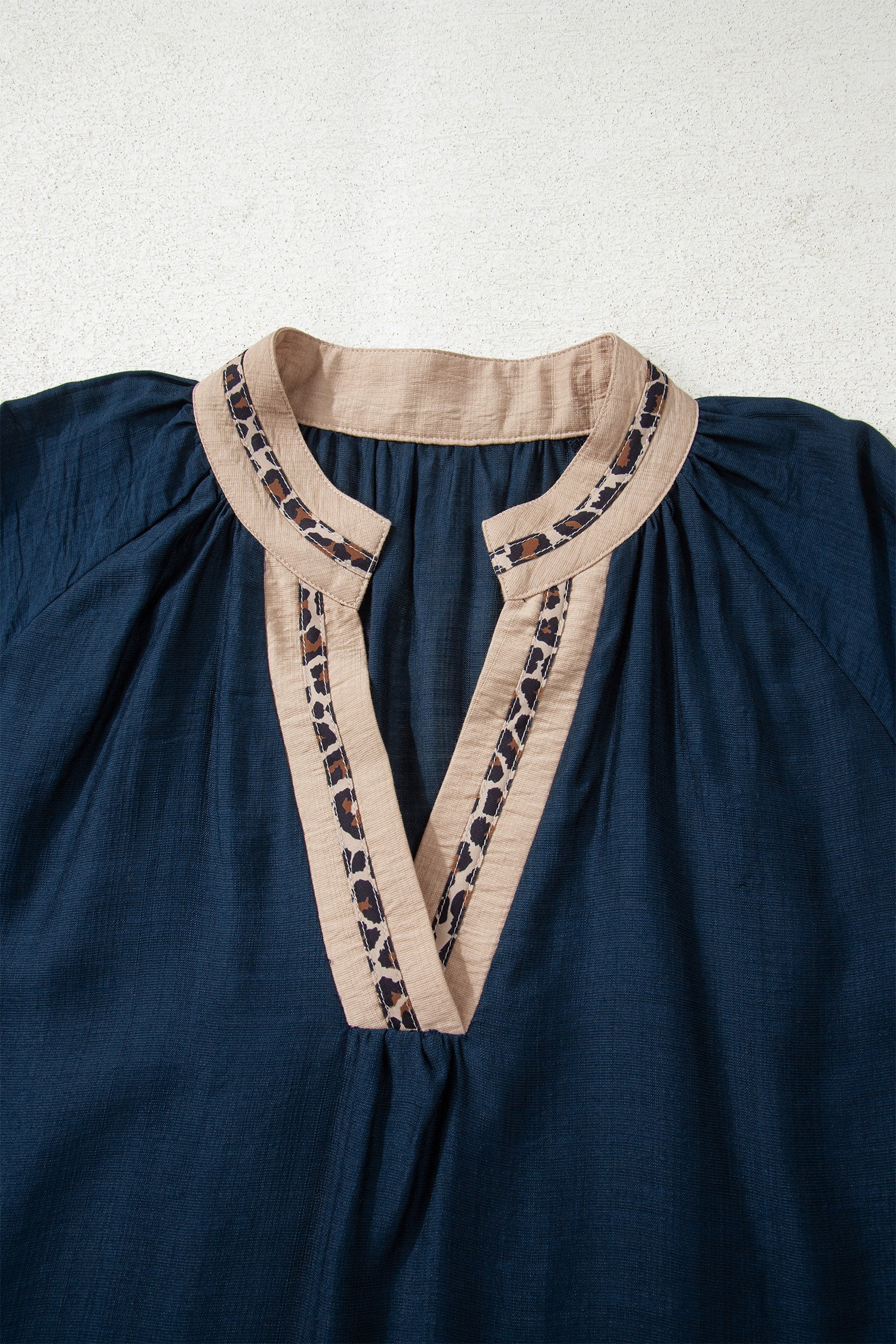 Navy Blue Contrast Leopard Patchwork Collar Plus Size Long Flounce Sleeve Blouse