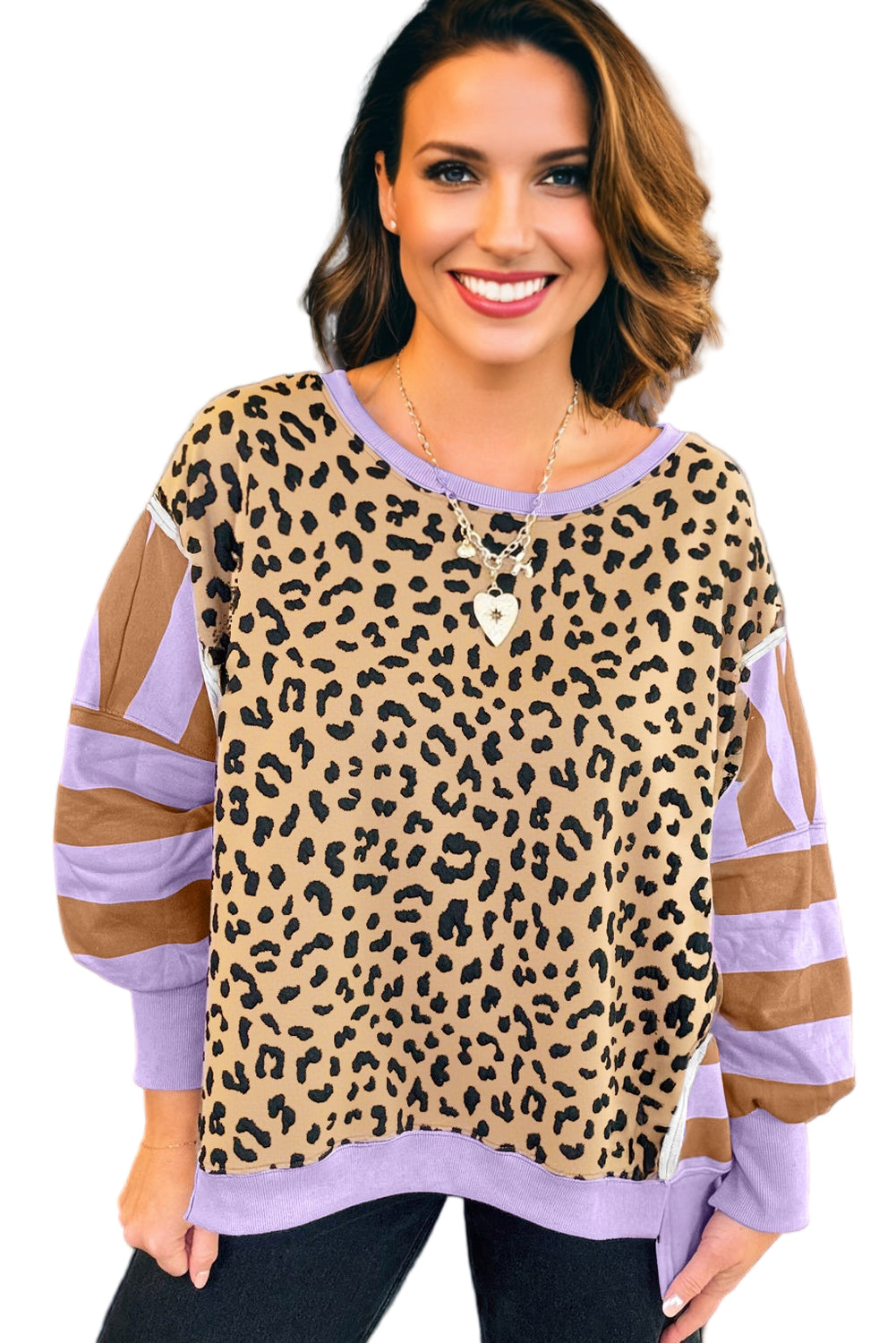 Purple Leopard Striped Patchwork Plus Size Loose Sweatshirt