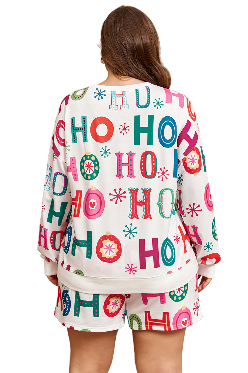 White Plus Size Christmas Ho Ho Ho Print Long Sleeve Top and Shorts 2pc Lounge Set