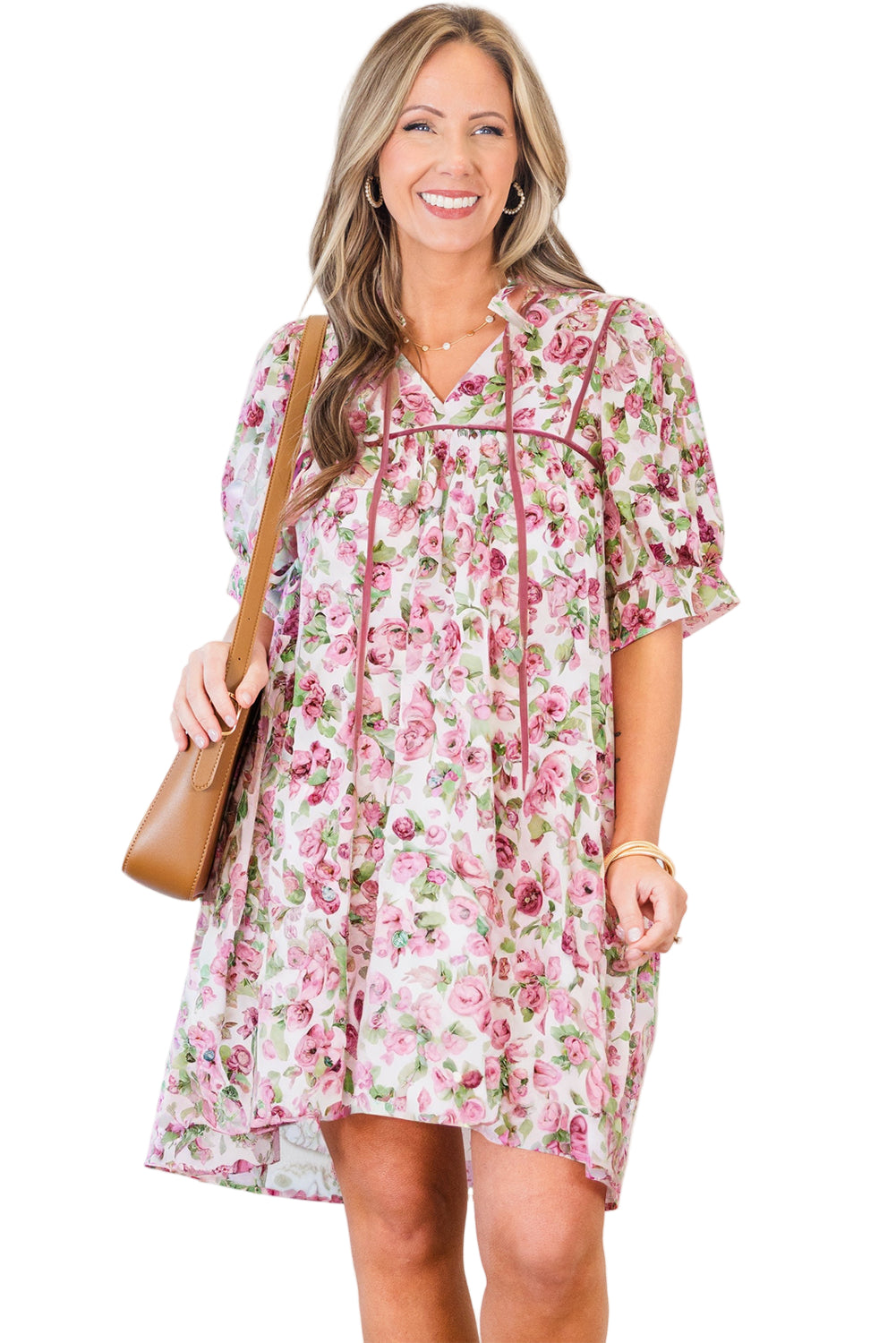 Pink Floral Split Neck Short Sleeve Loose Plus Size Mini Dress