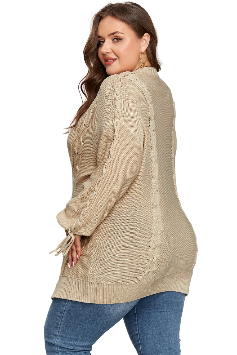 Parchment Cable Knit Braided Tie Sleeve Plus Size Open Cardigan