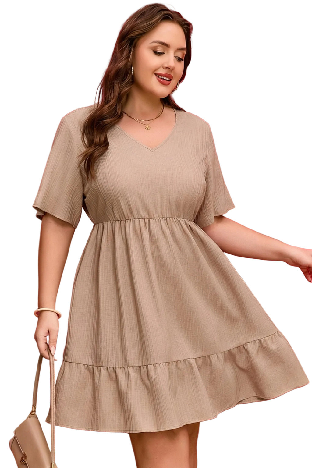 Dark Khaki Plus Size Textured Ruffled Short Sleeve Dress