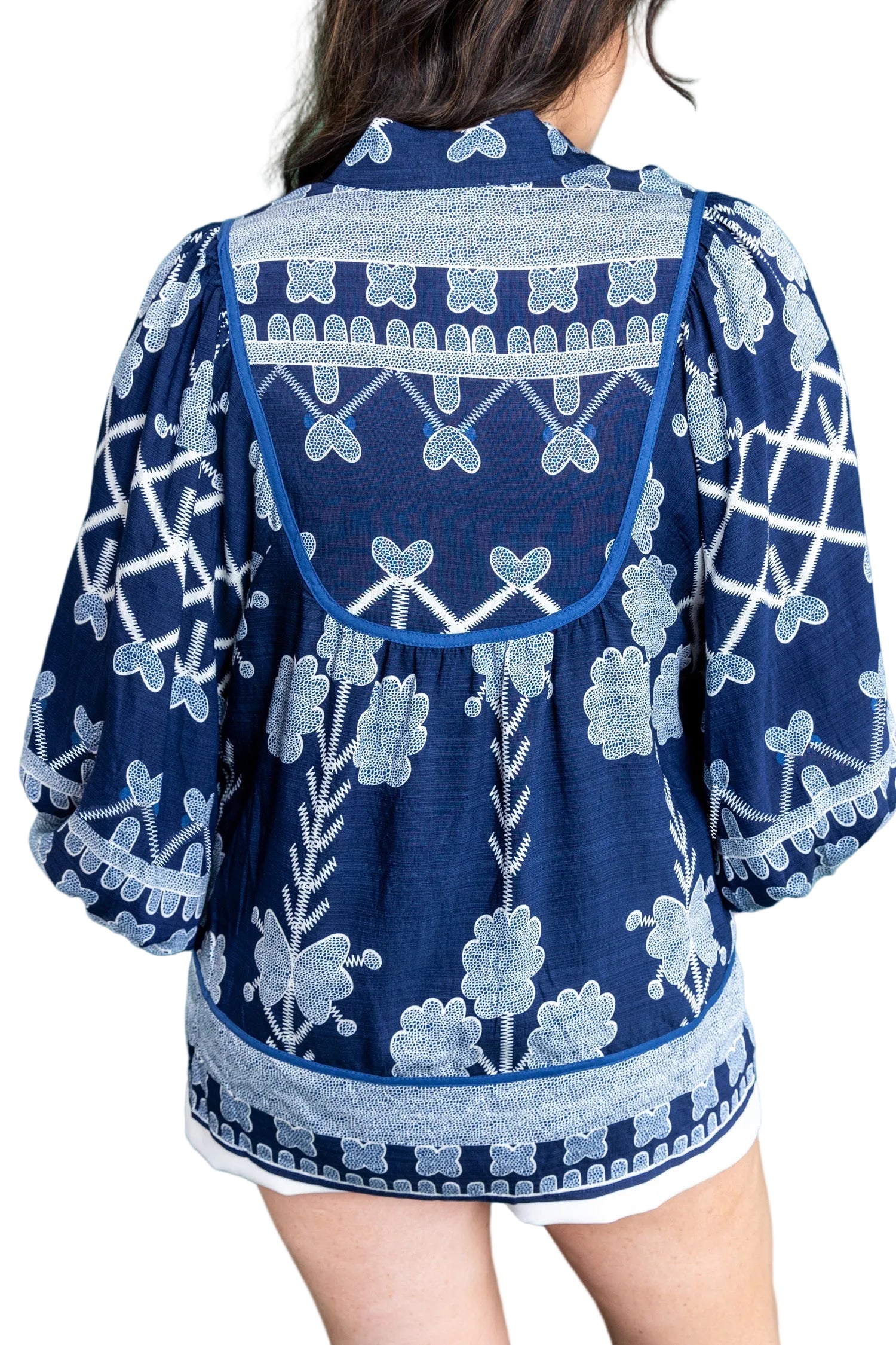 Blue Plus Size Floral Printed Notched Neck Long Sleeve Blouse