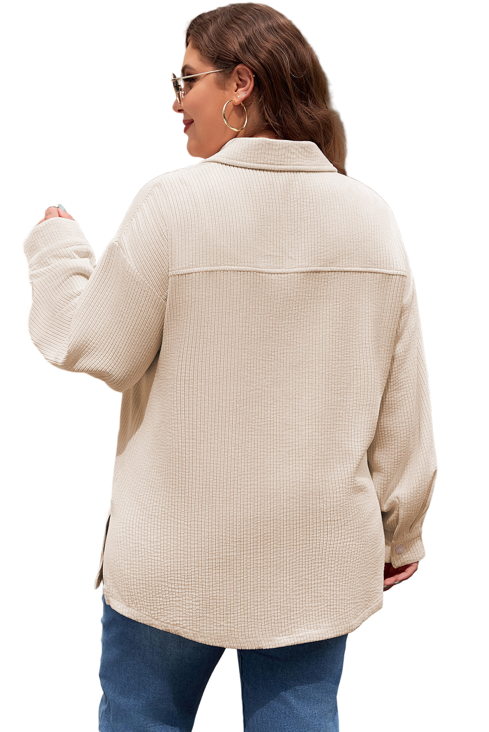 Oatmeal Textured Flap Pockets Buttoned Plus Size Shacket