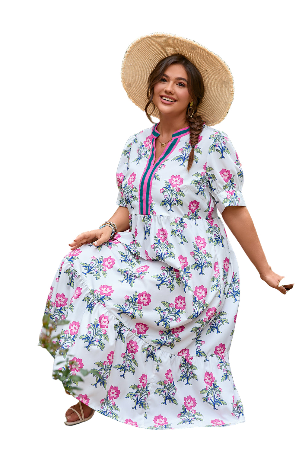 White Allover Print Contrast Split Neckline Short Puff Sleeve Curvy Dress