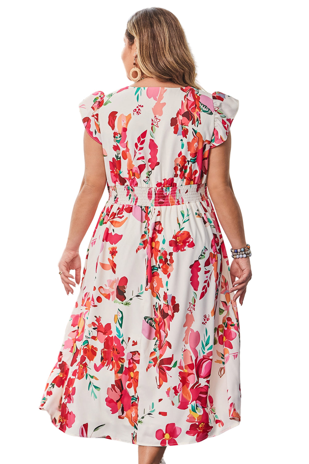 Pink Floral Print V Neck Ruffle Sleeve Plus Size Midi Dress