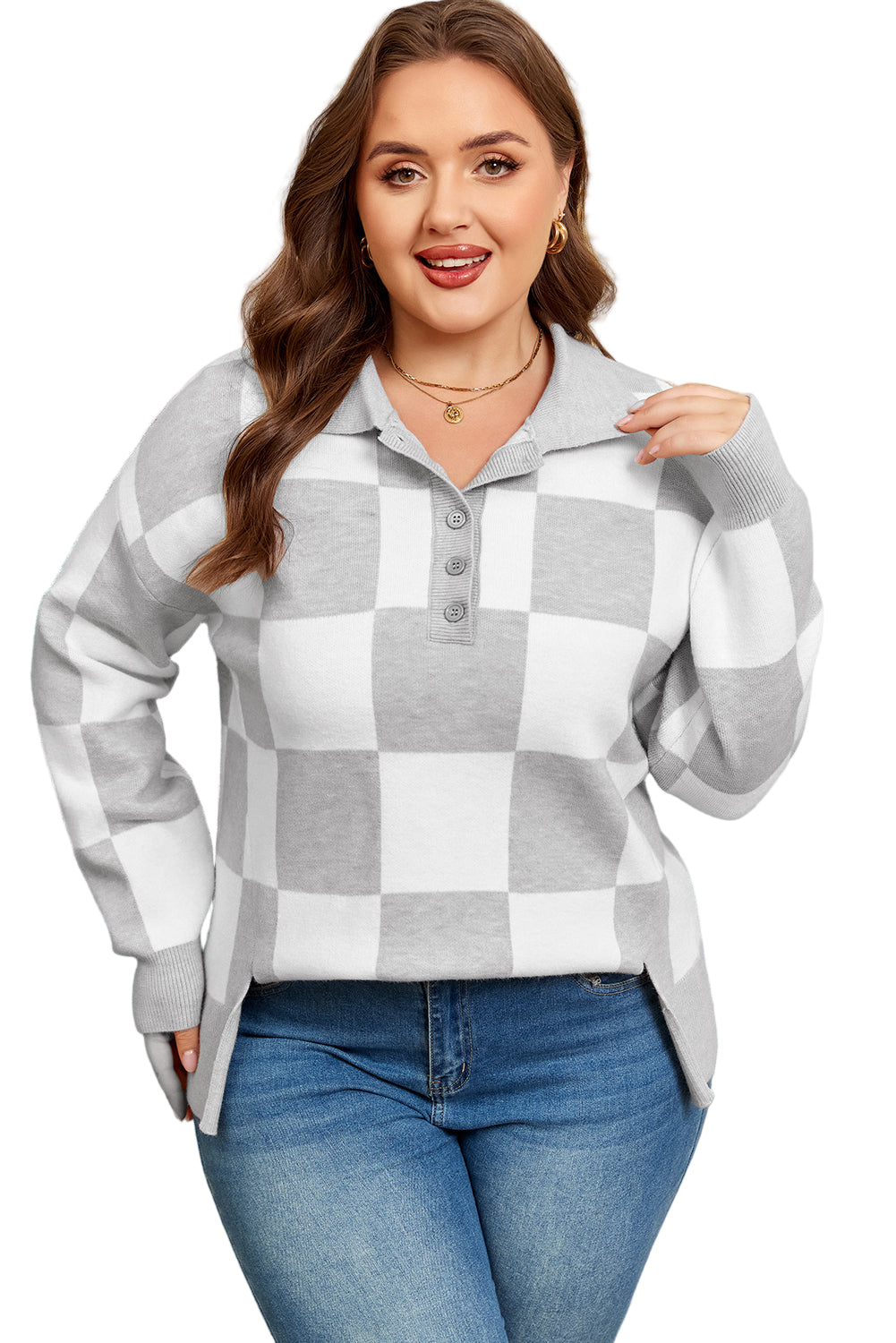 Gray Plus Size Checkered Pattern Button Polo Collar Split Sweater