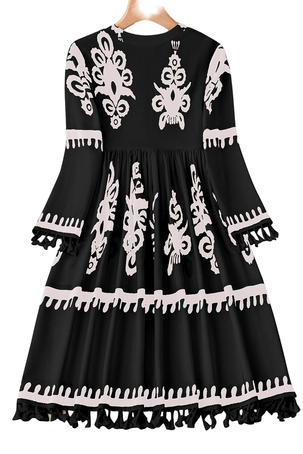 Black Plus Size Western Floral Print Fringed V Neck Dress
