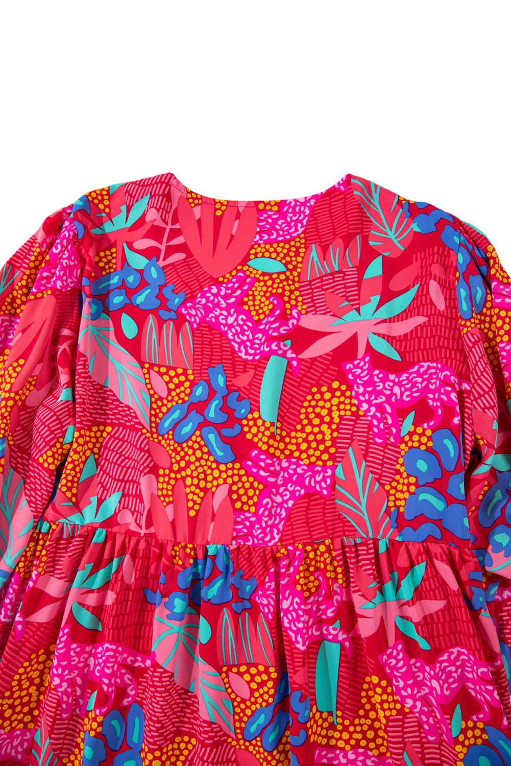 Rose Tropical Printed Lantern Sleeve V Neck Ruffled Plus Size Mini Dress