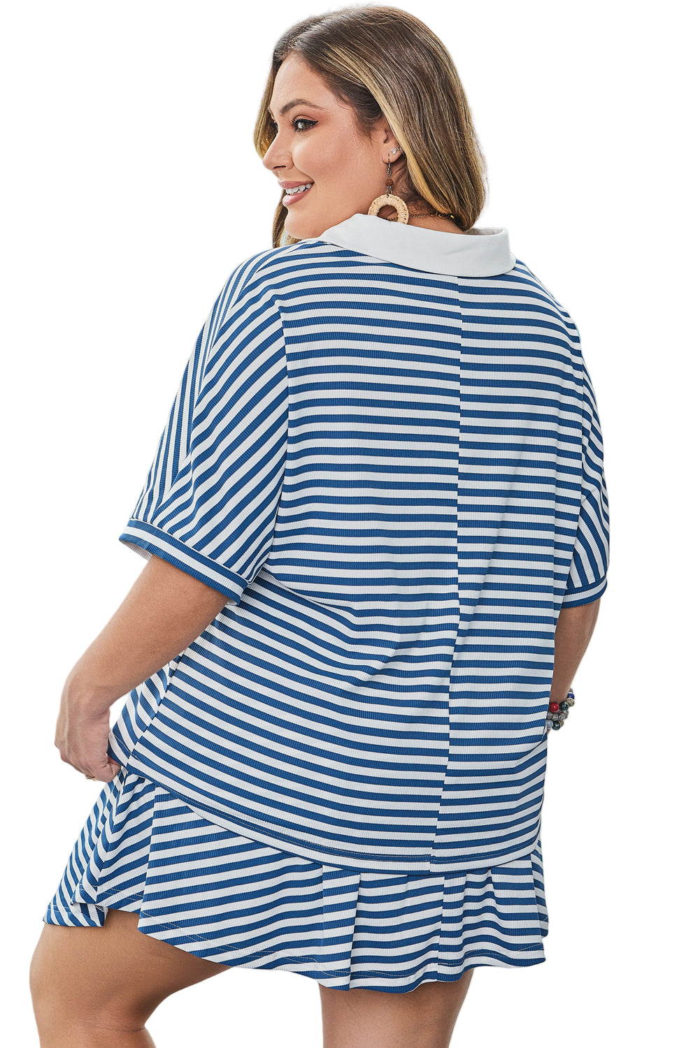 Blue Stripe Short Sleeve Collared V Neck Top Plus Size Short Set