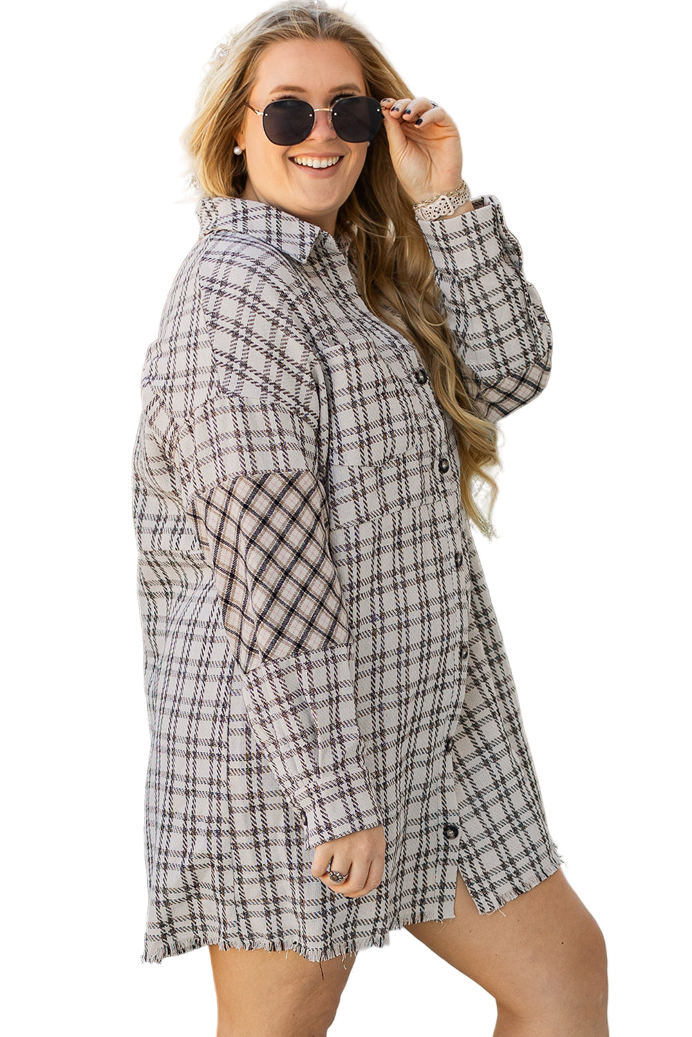 White Stripe Plus Size Plaid Buttoned Raw Hem Tunic Shirt Dress