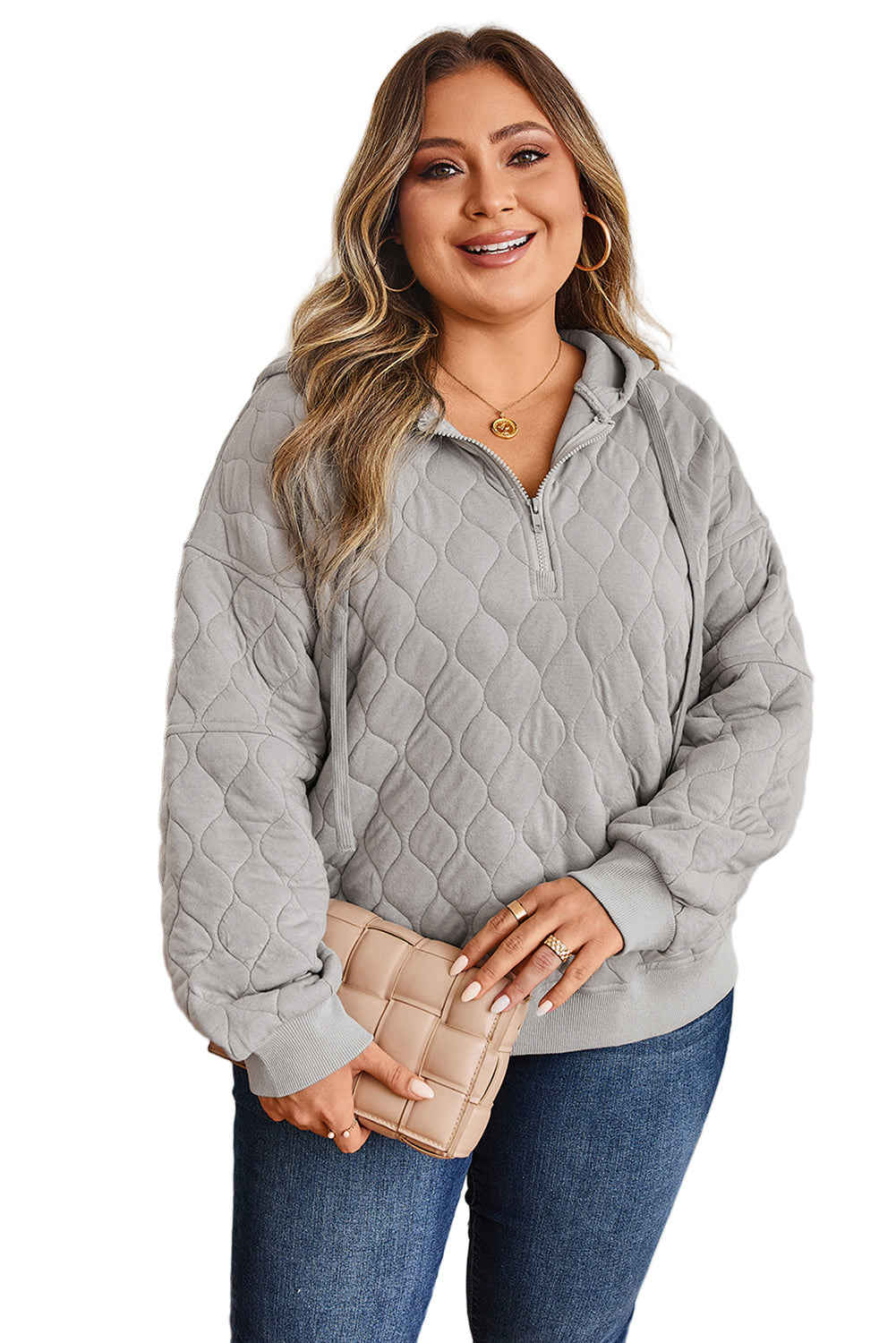 Gray Quilted Quarter Zip Plus Size Hoodie