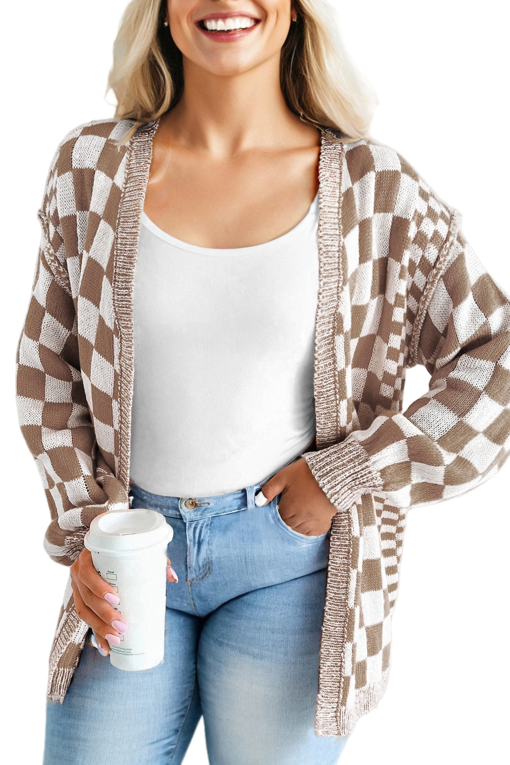 Orange Plus Size Checkered Bubble Sleeve Drop Shoulder Open Cardigan