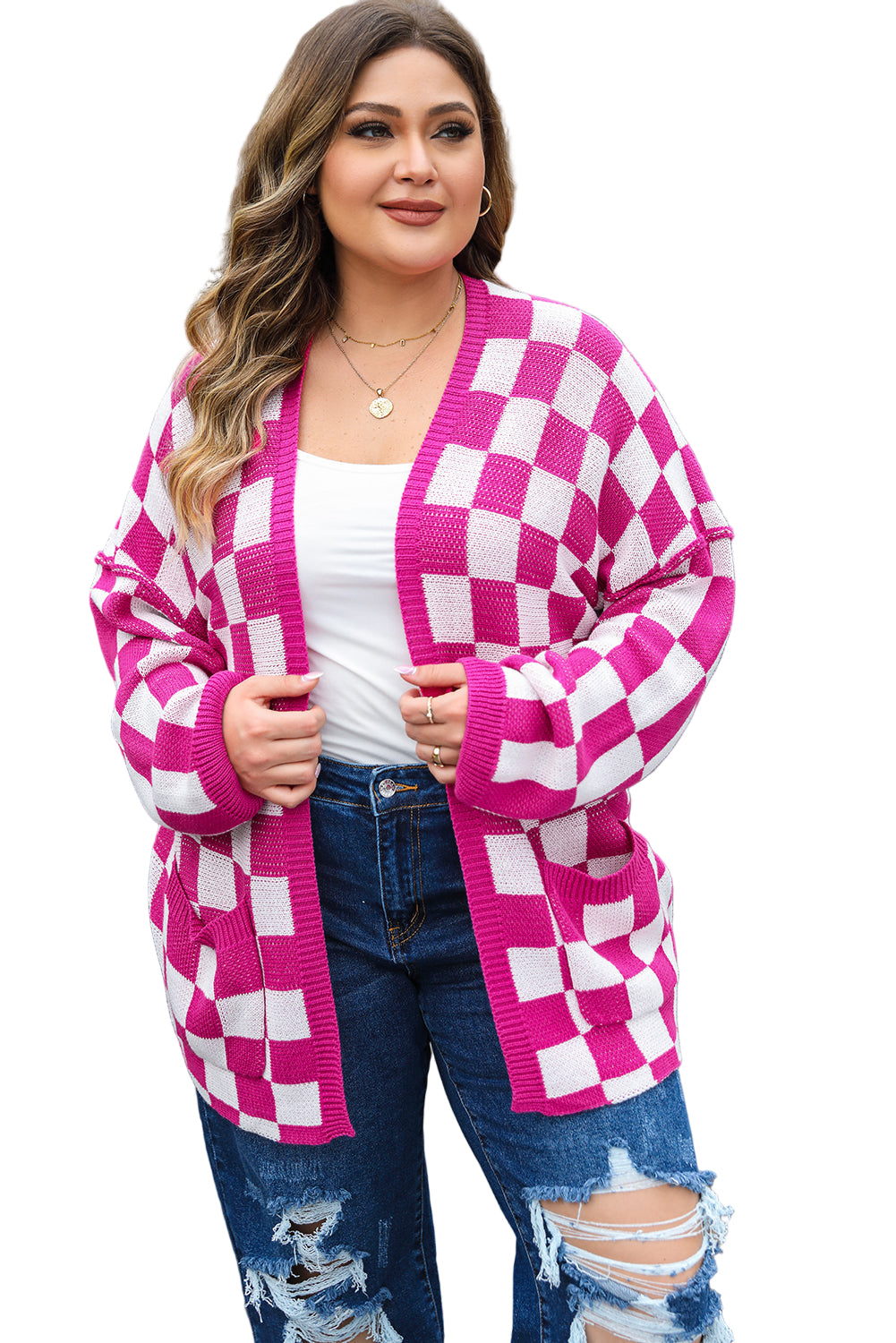 Bonbon Checkered Pattern Open Front Plus Size Cardigan