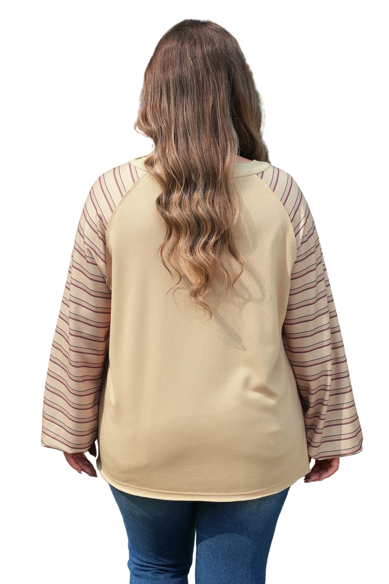 Parchment Striped Raglan Sleeve Notched Neck Raw Edge Plus Size Jumper