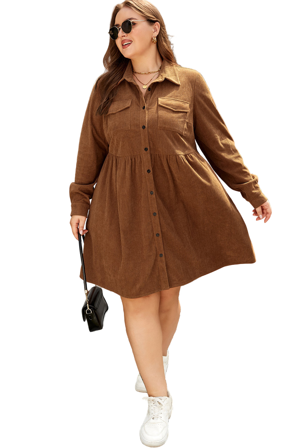 Camel Corduroy Full Buttoned Collared Shirt Style Plus Size Dress