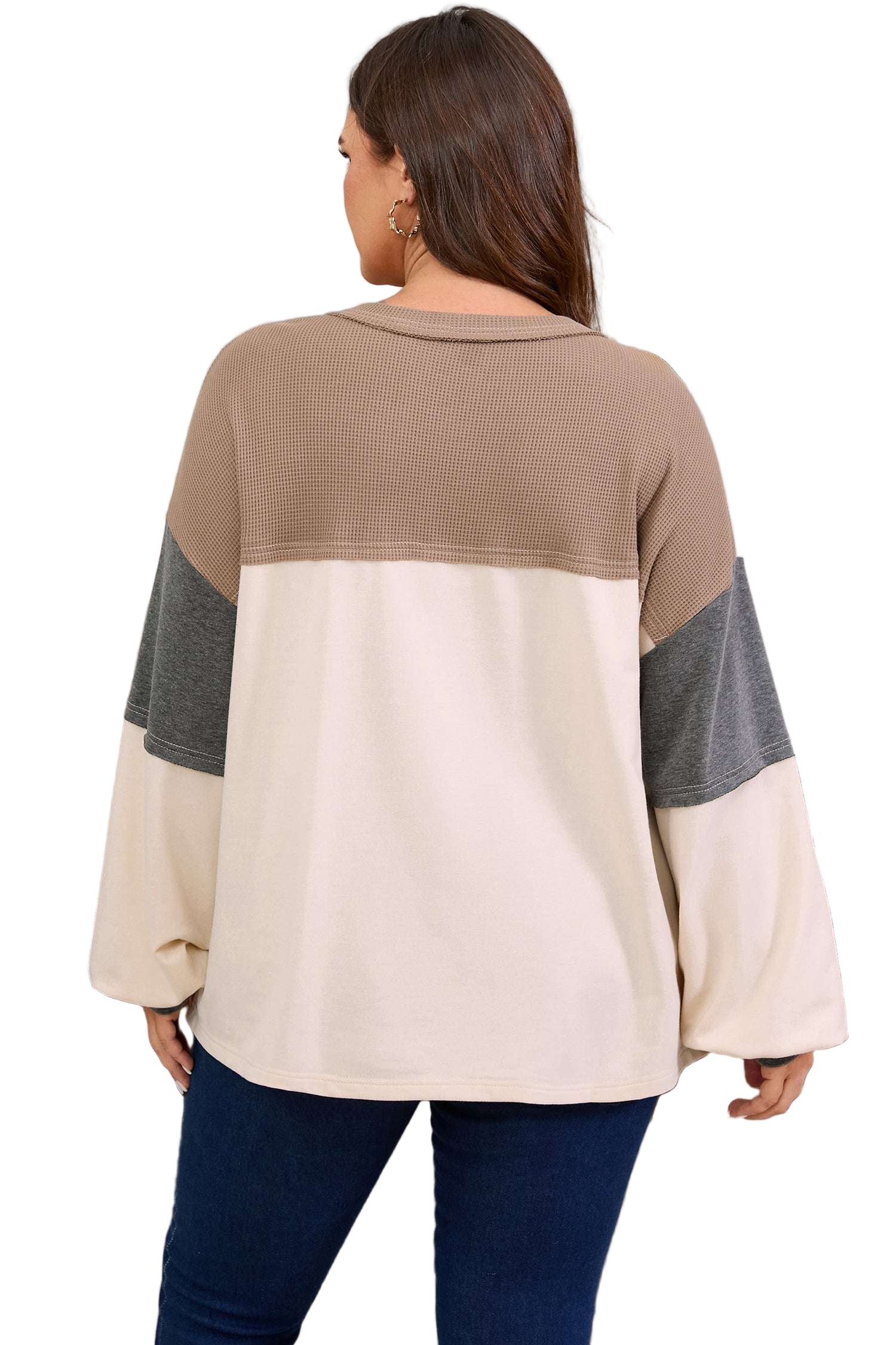 Jet Stream Waffle Patchwork Colorblock Half Buttons Casual Plus Size Knit Jumper