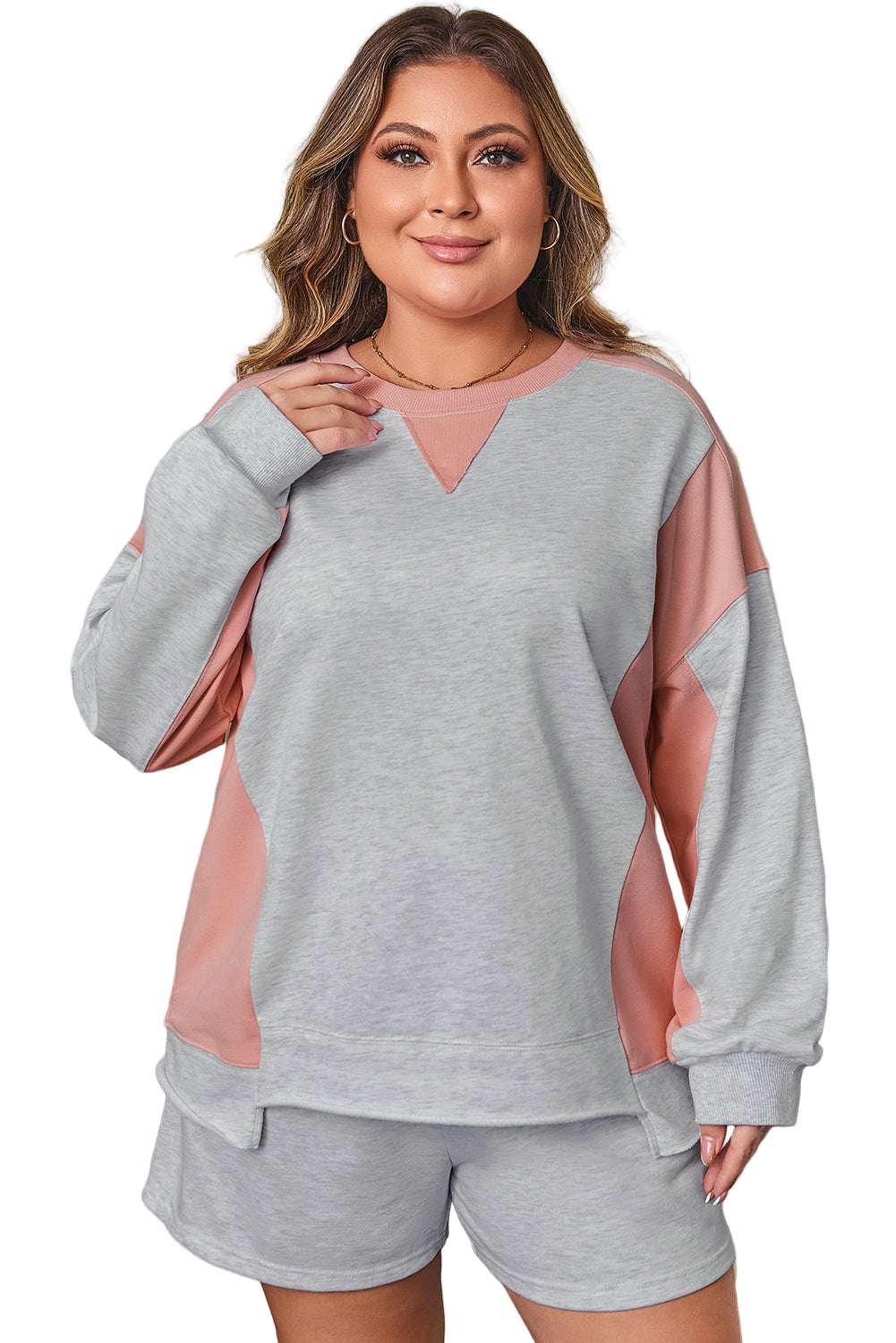Light Grey Uneven Hem Colorblock Pullover Casual Shorts Plus Size 2pcs Outfit