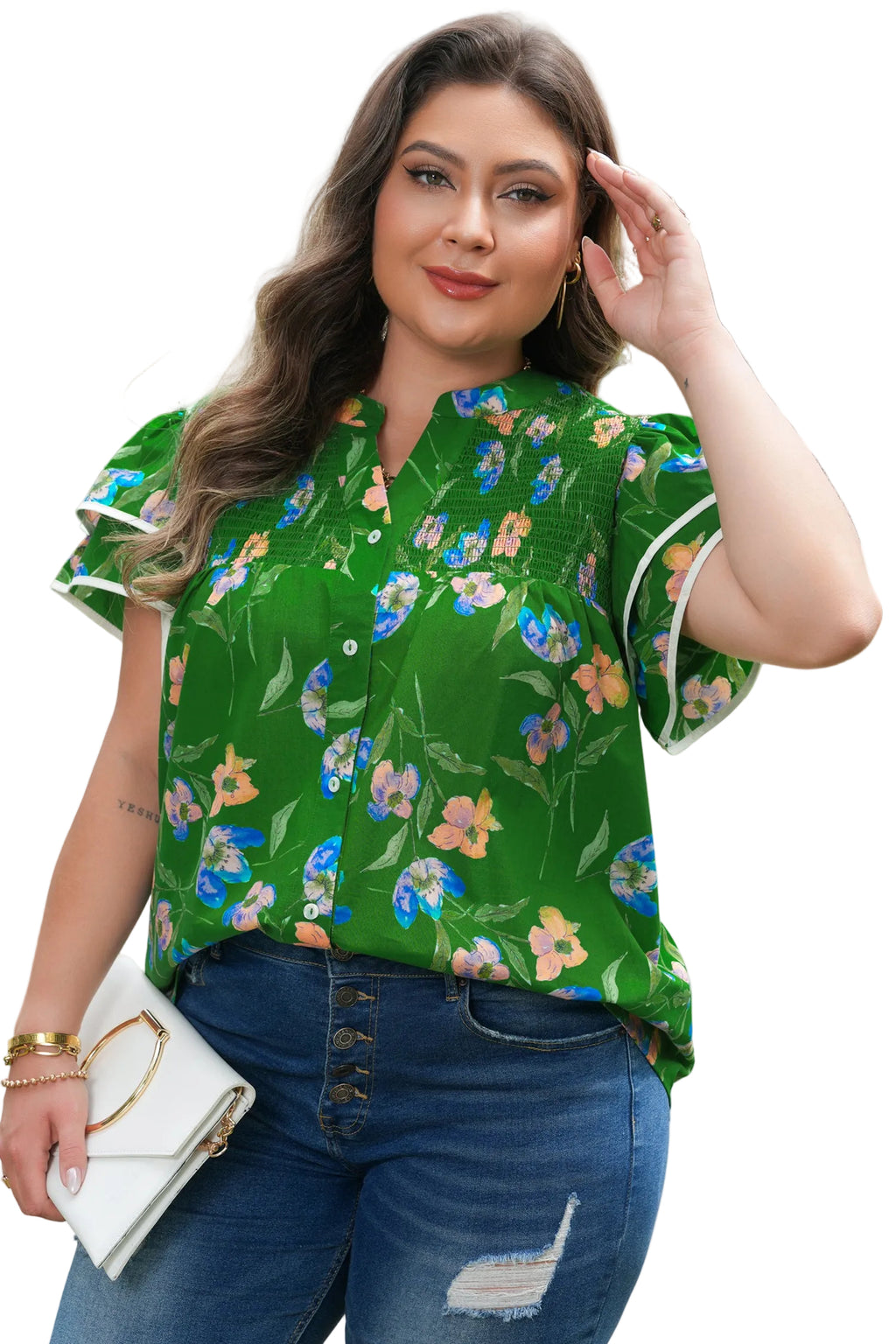 Green Plus Size Ruffled Short Sleeve Floral Top