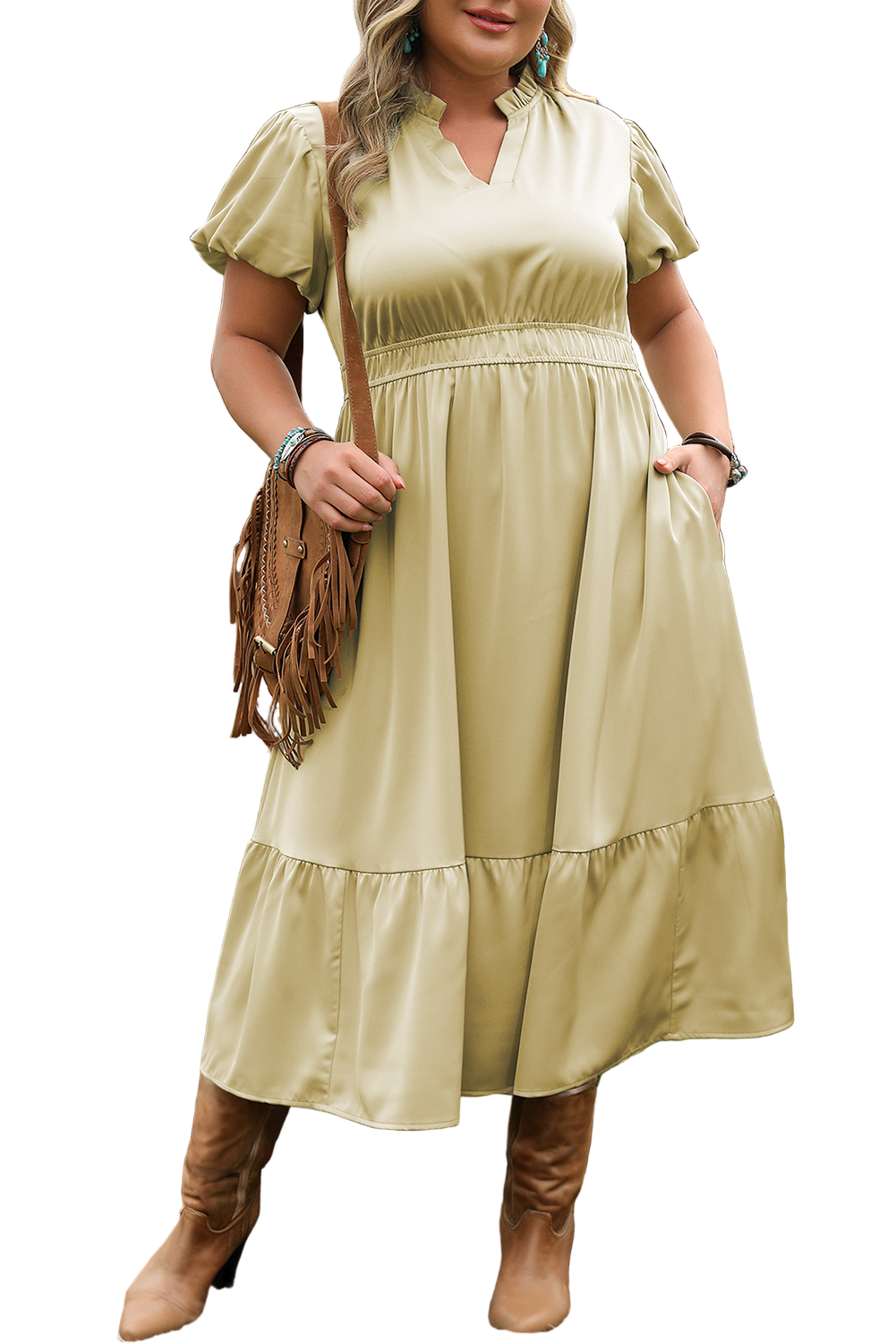 Laurel Green Notched V Neck Puff Sleeve Tiered Plus Size Maxi Dress