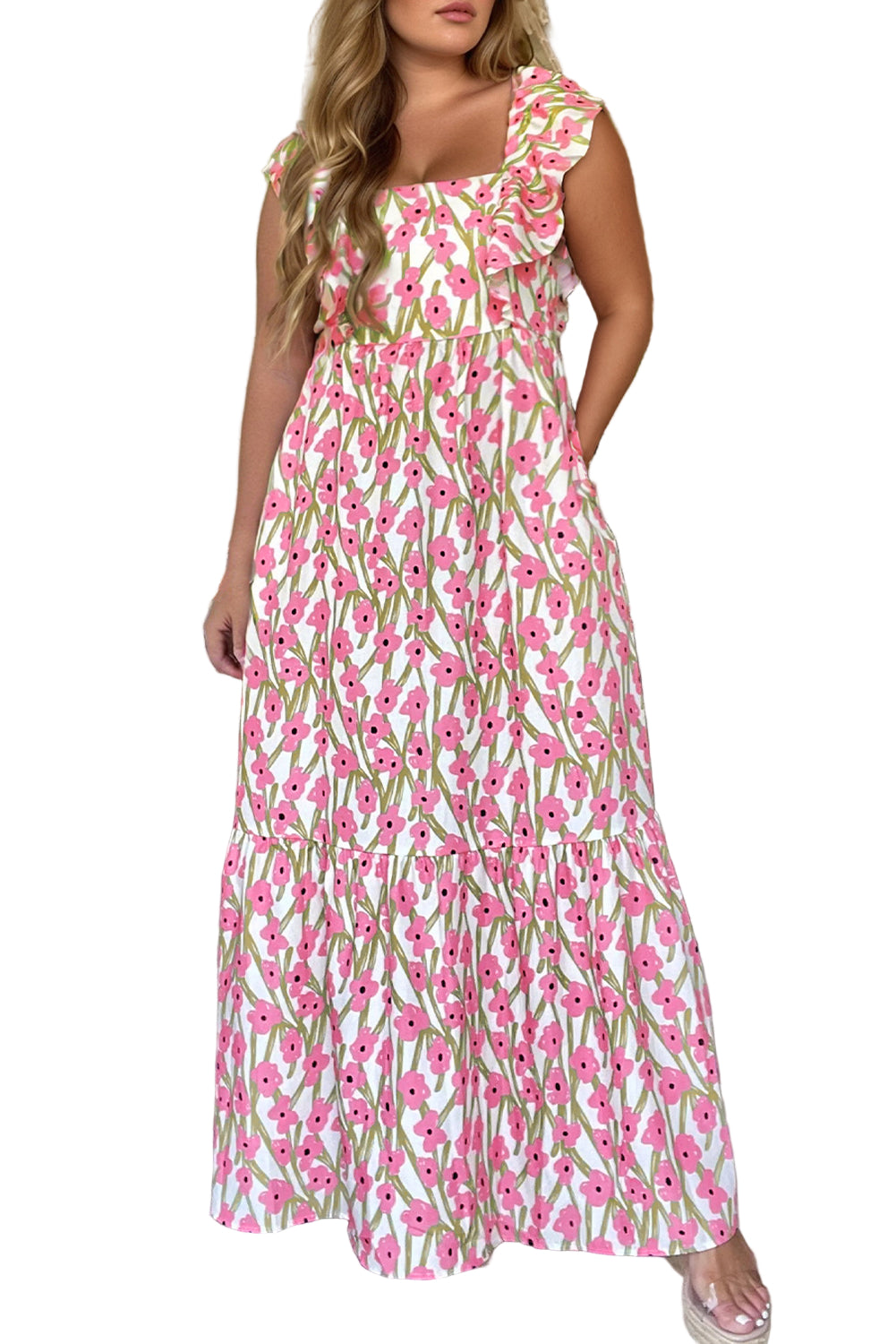 Pink Plus Size Ruffle Trim Square Neck High Waist Floral Maxi Dress
