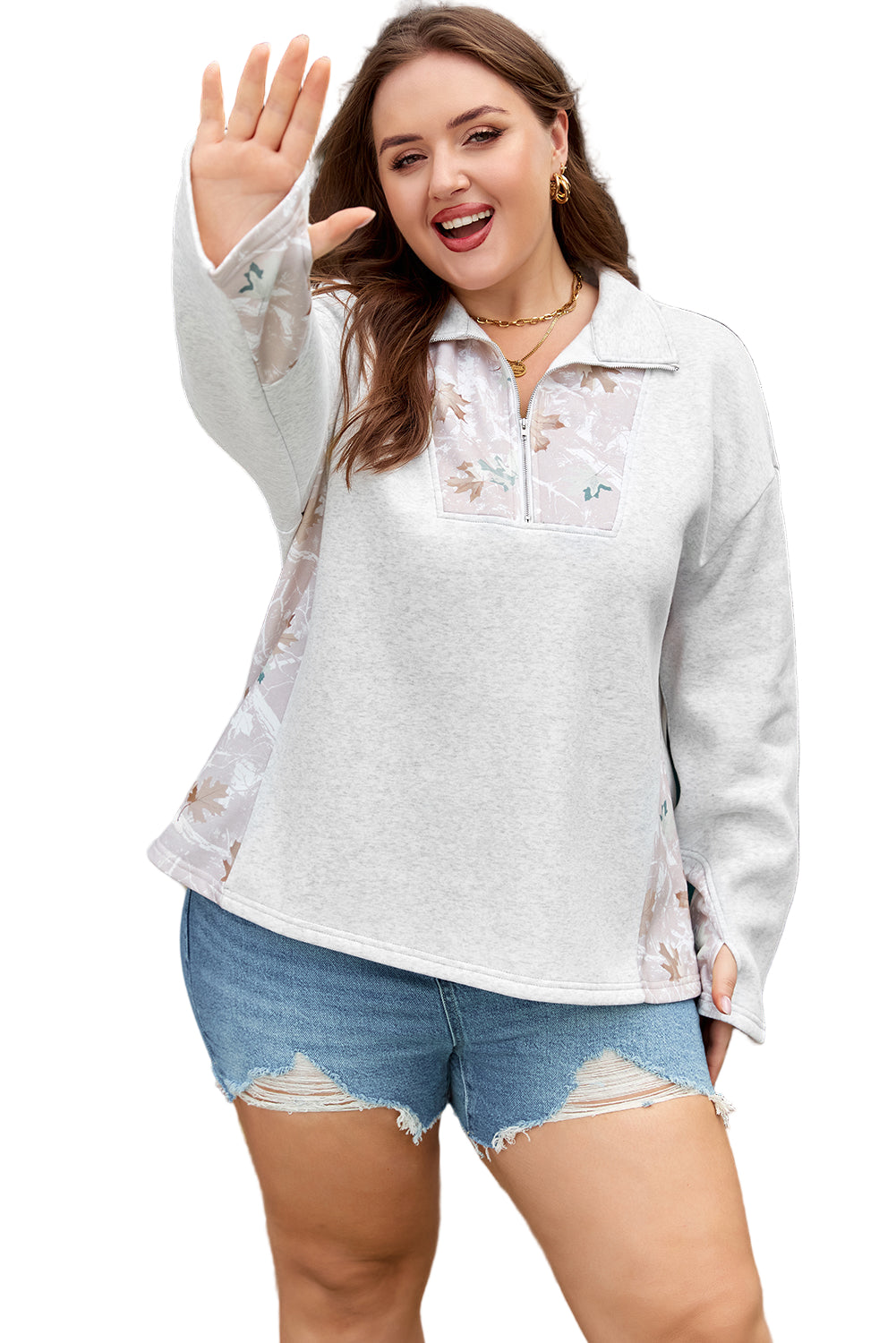 Gray Camo Leaves Patchwork Zipped Collar Pullover Plus Size Sweatshirt