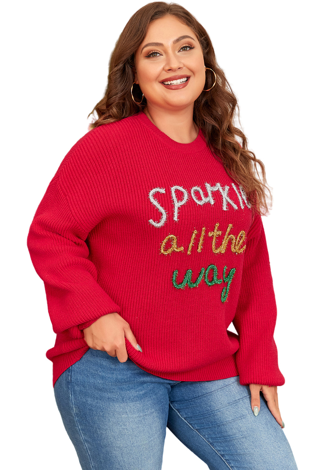 Racing Red Sparkle All The Way Tinsel Crew Neck Plus Size Sweater