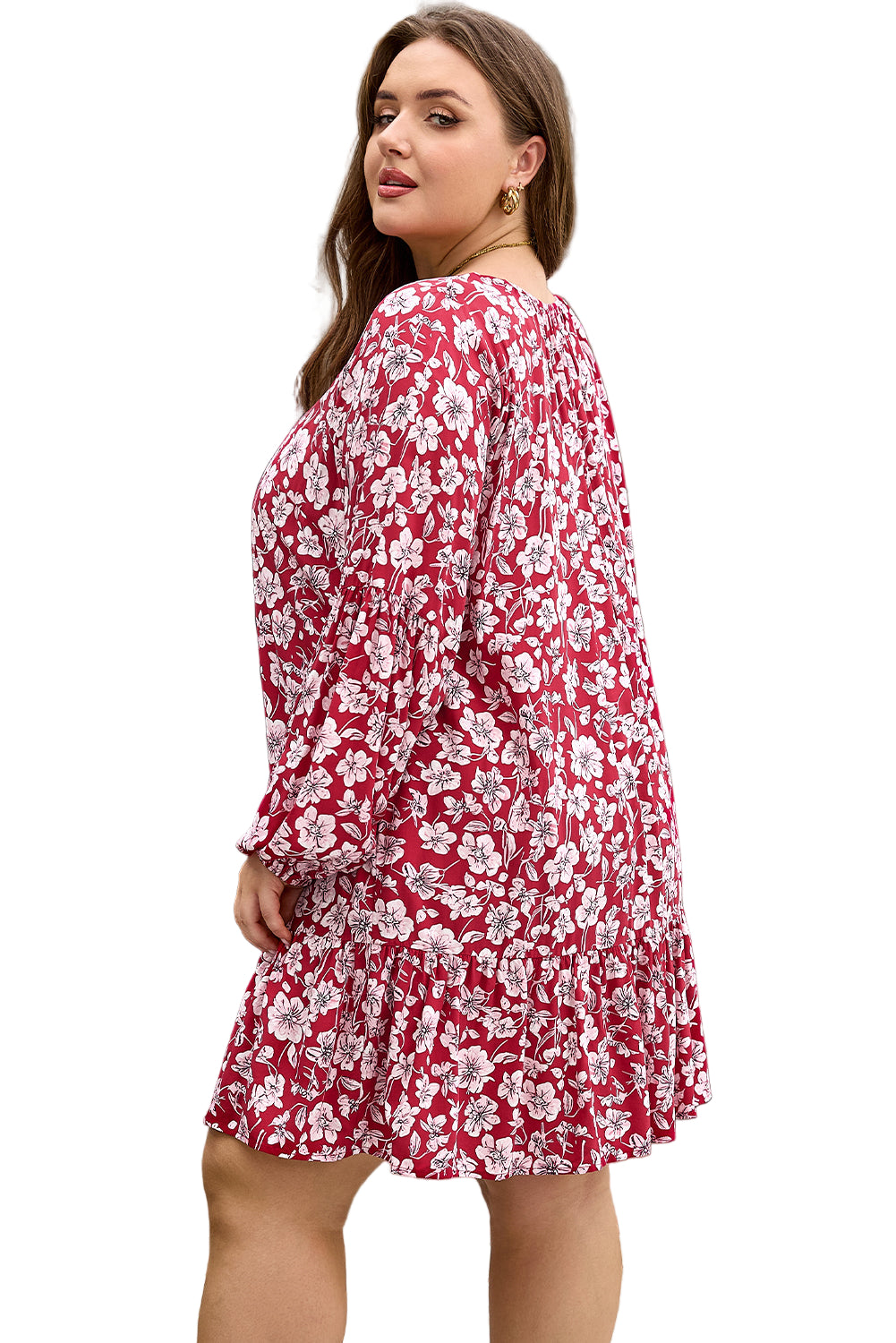 Purple Plus Floral Balloon Sleeve V Neck Relaxed Dress