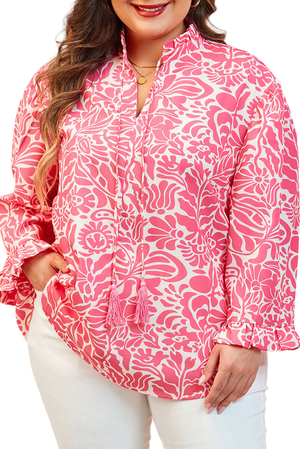 Pink Plus Size Floral Print Frilled Neck Puff Sleeve Blouse
