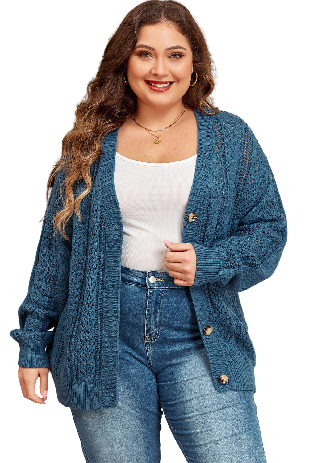 Real Teal Open Knit V Neck Button Front Drop Shoulder Plus Size Cardigan