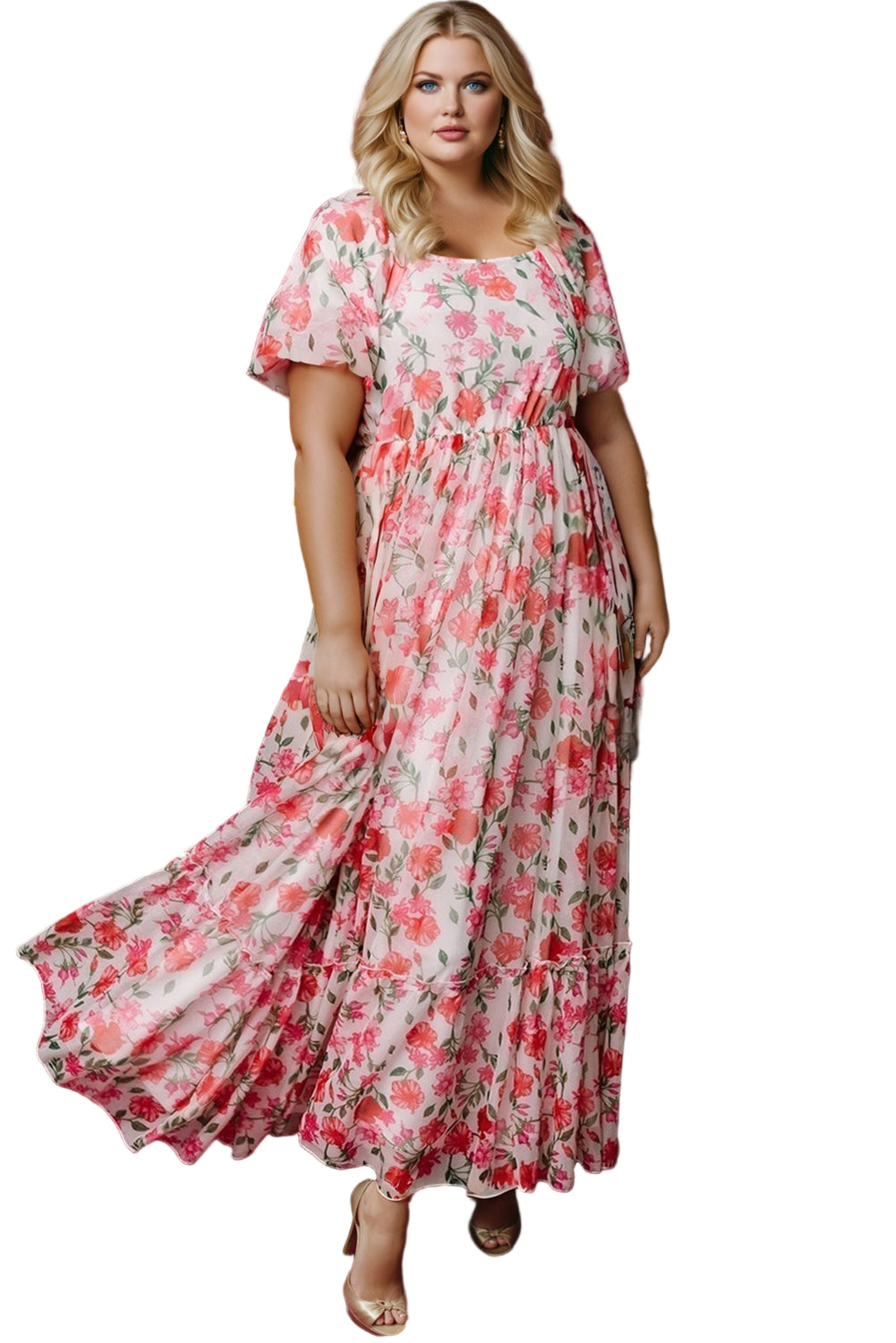 Pink Plus Size Floral Square Neck Puff Sleeve Ruffle Maxi Dress