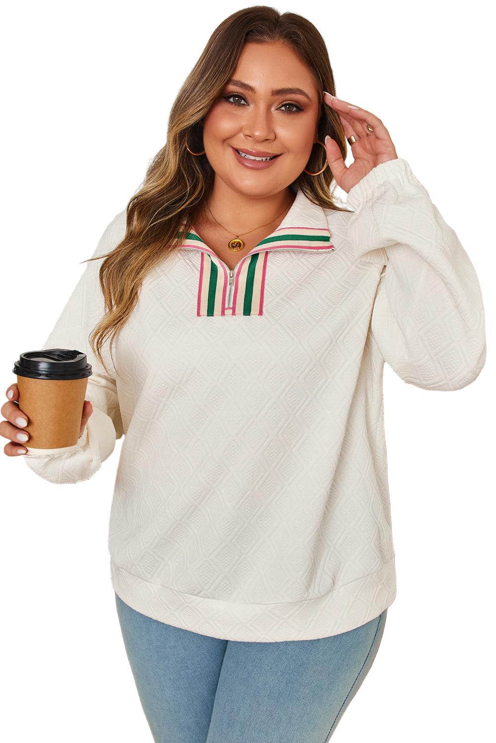 Beige Plus Size Rhombus Texture Contrast Striped Collar Baggy Sweatshirt