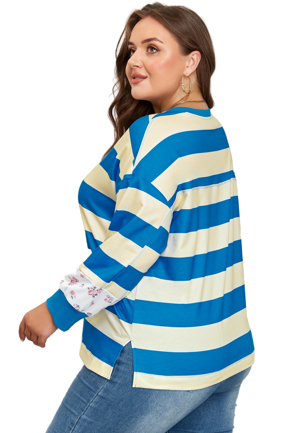 Blue Stripe Floral Color Block Drop Shoulder Plus Size Pullover Top
