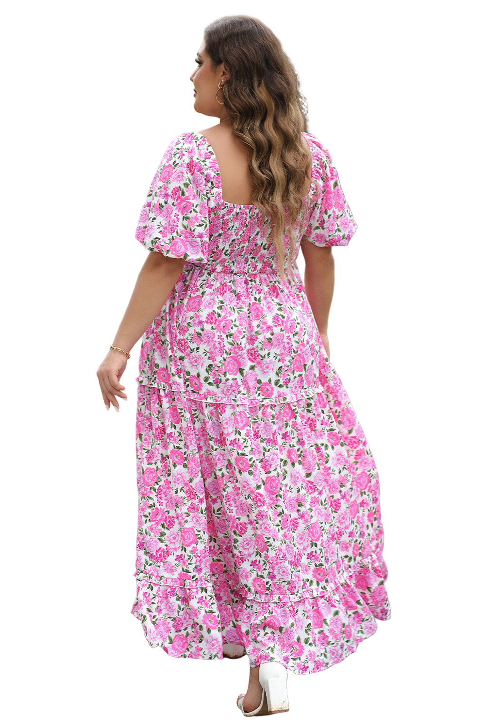 Pink Plus Size Floral Print Smocked Puff Sleeve Dress
