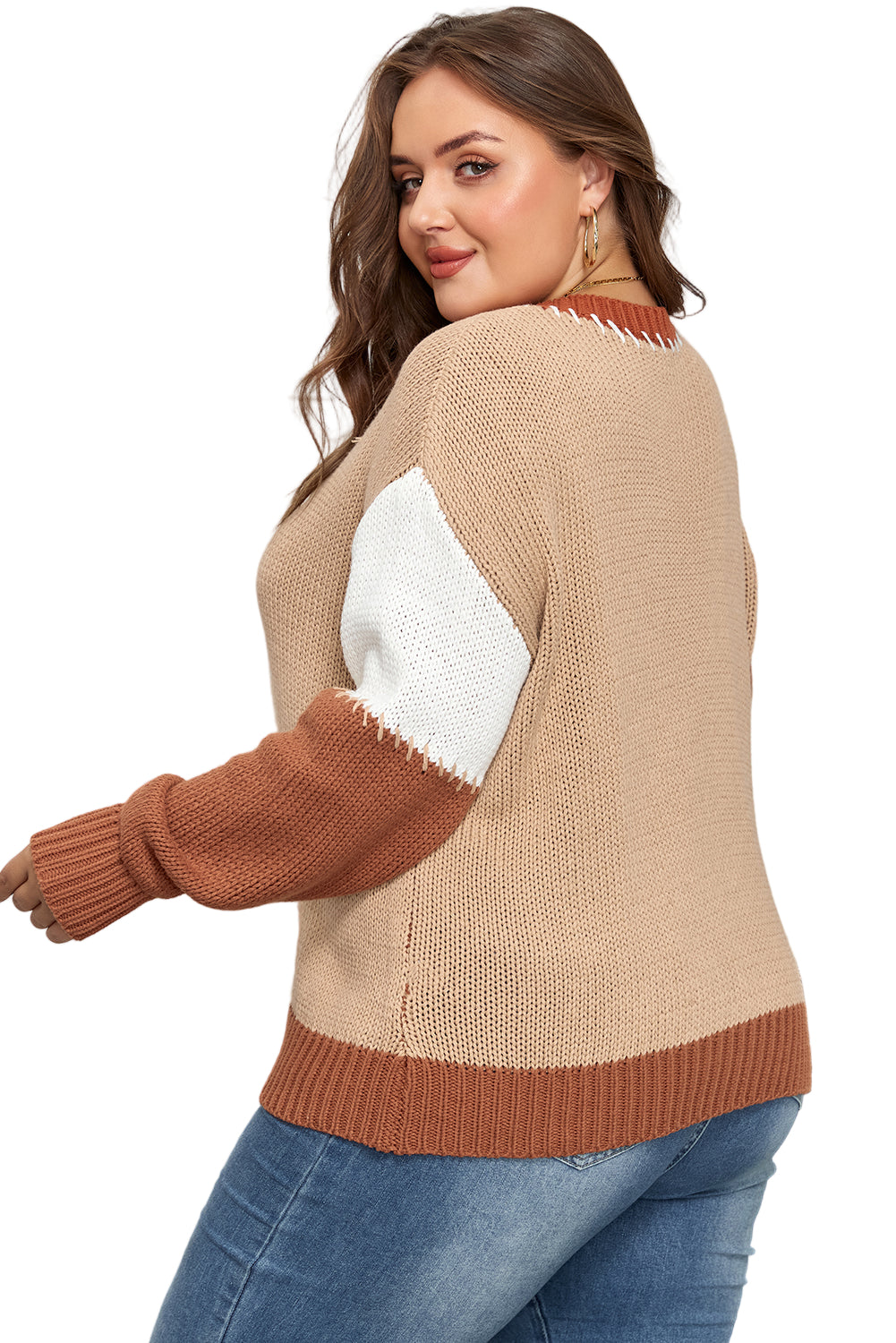Light French Beige Contrast Stitch Detail Color Block Knitted Plus Size Sweater