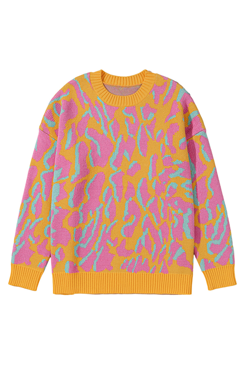 Bright Pink Plus Size Leopard Ribbed Trim Sweater