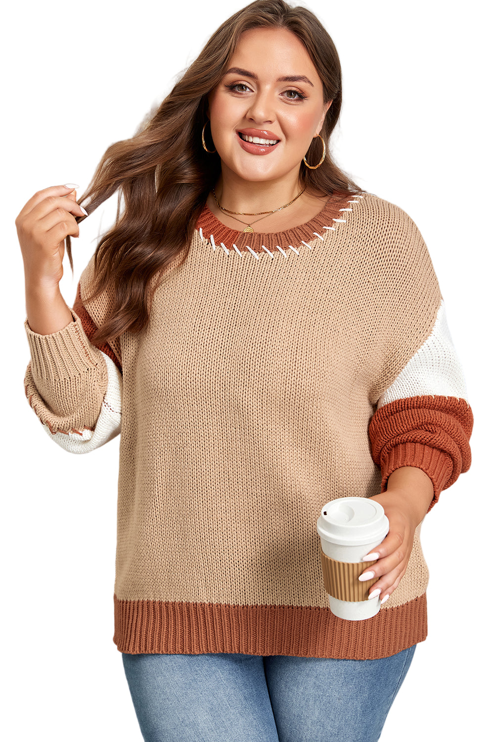 Light French Beige Contrast Stitch Detail Color Block Knitted Plus Size Sweater