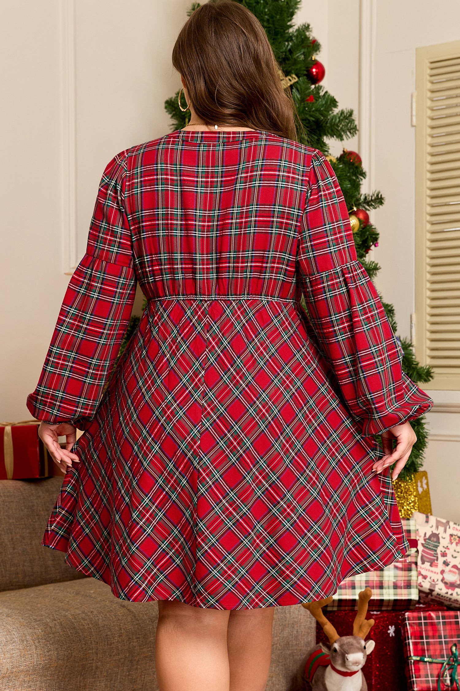 Red Plus Size Plaid Half Button Long Sleeve Holiday Dress
