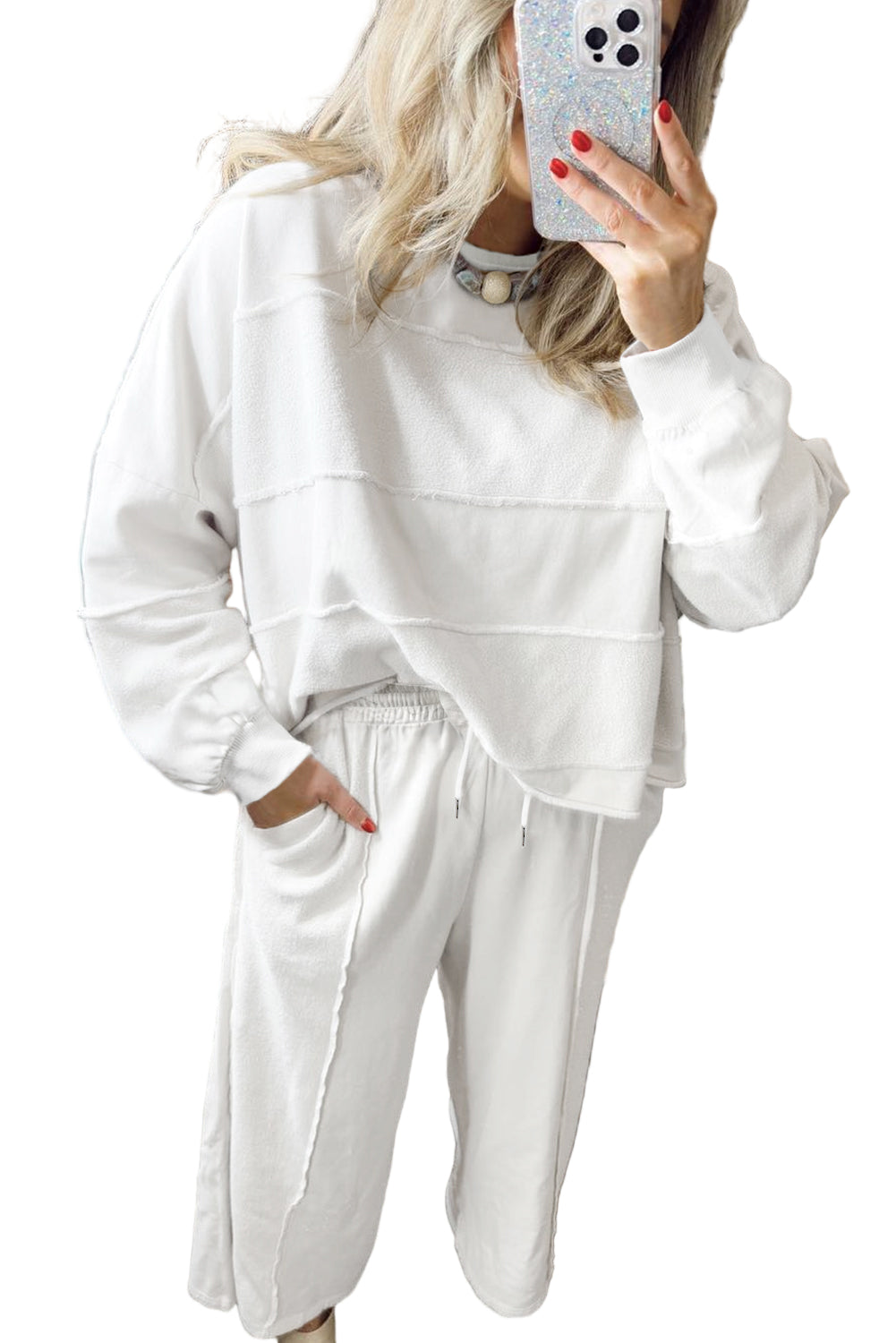 White Textured Raw Seam Plus Size Pullover Top and Drawstring Pants Set