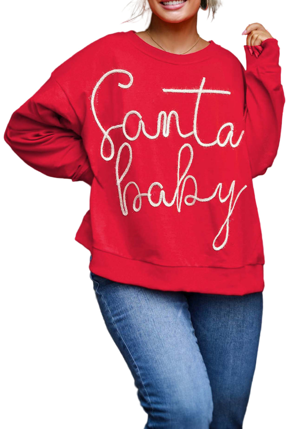 Fiery Red Plus Size Santa Baby Tinsel Crew Neck Sweatshirt