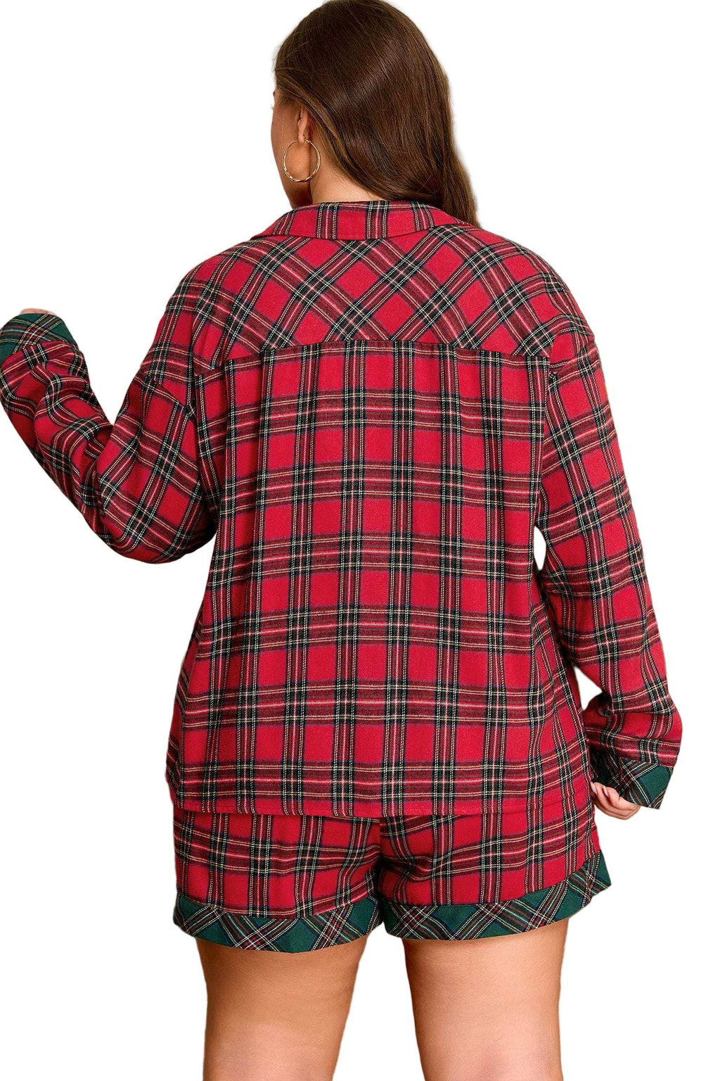 Red Plus Size Plaid Contrast Patchwork Long Sleeve Shirt and Shorts 2pcs Pajama Set
