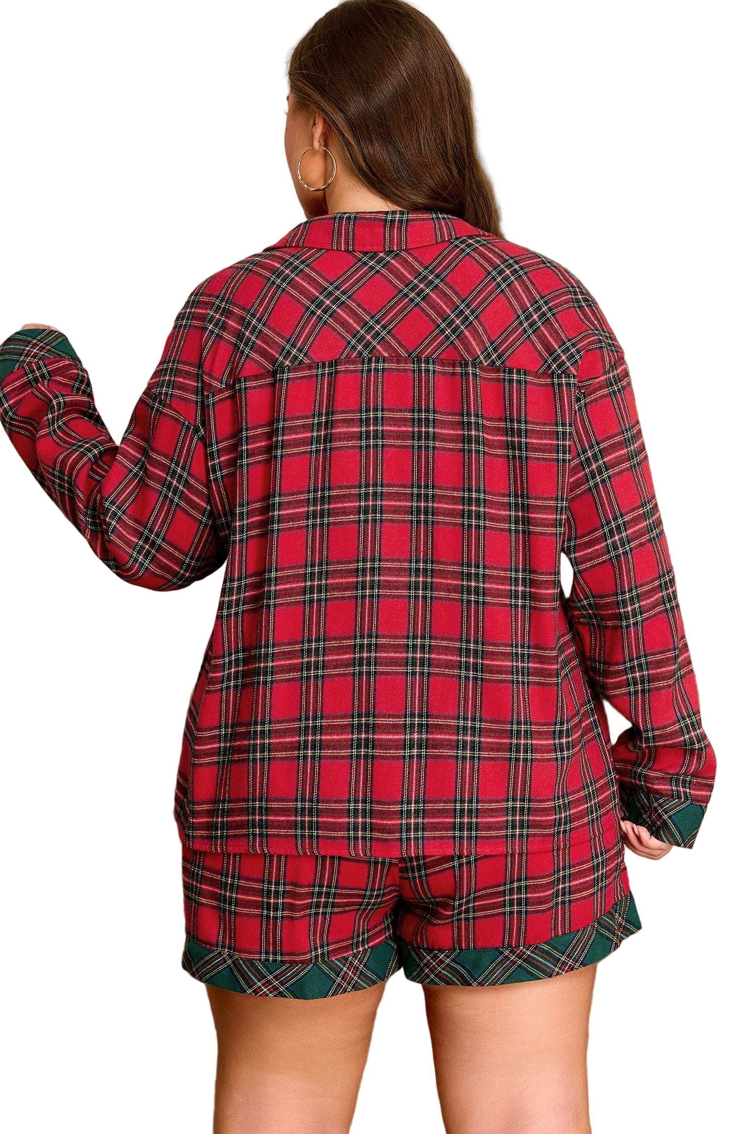 Red Plus Size Plaid Contrast Patchwork Long Sleeve Shirt and Shorts 2pcs Pajama Set