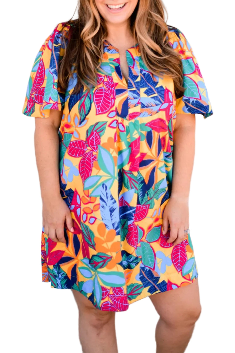 Multicolour Plus Size Leafy Print Split Neck Short Sleeve Shift Dress