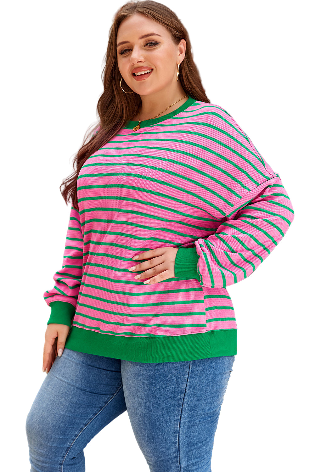 Pink Stripe Waffle Knit Crew Neck Plus Size Sweatshirt