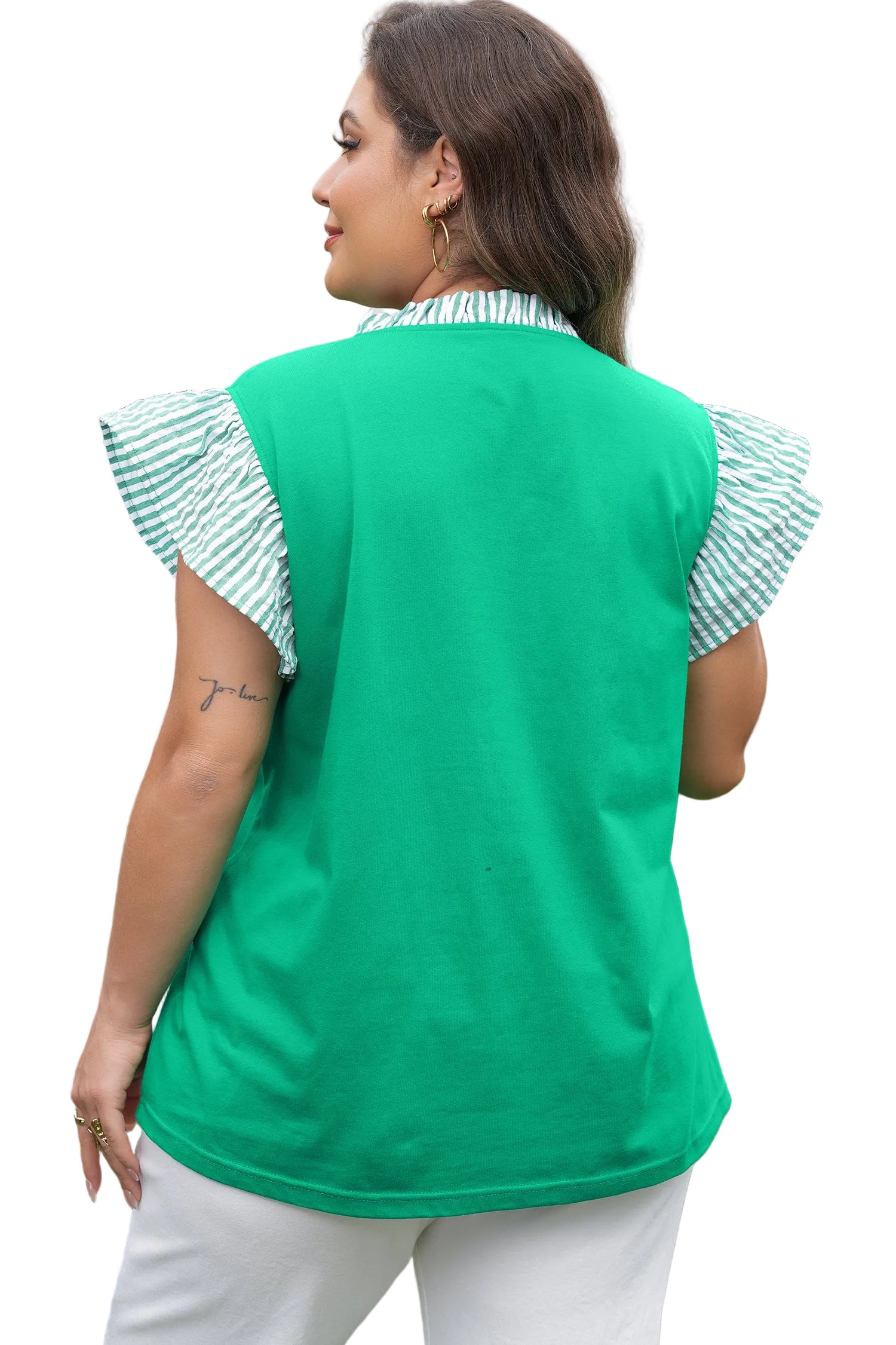 Dark Green Plus Size Button Front Ruffled Stripe Trim V Neck Flutter Sleeve Blouse