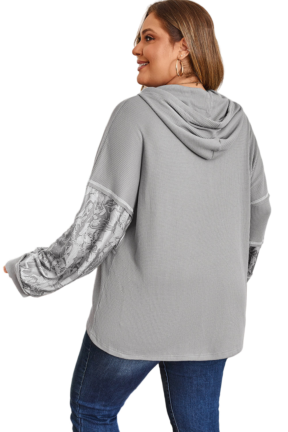 Gray Mixed Pattern Waffle Knit Patchwork Half Buttons Plus Hooded Top