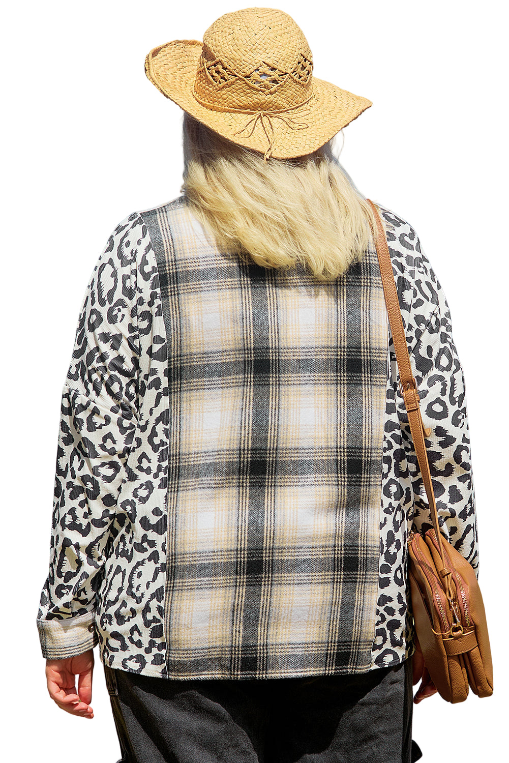 Black Plus Size Plaid Leopard Printed Patchwork Button Up Shacket