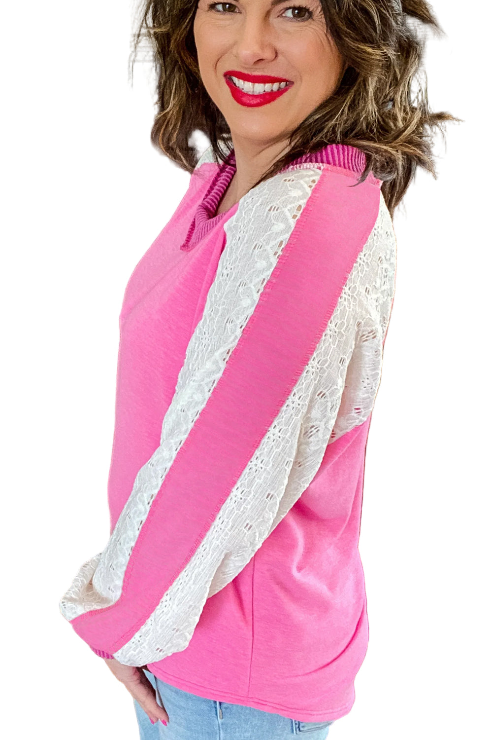 Bonbon Lace Patchwork Corded Trim Plus Size Long Sleeve Top