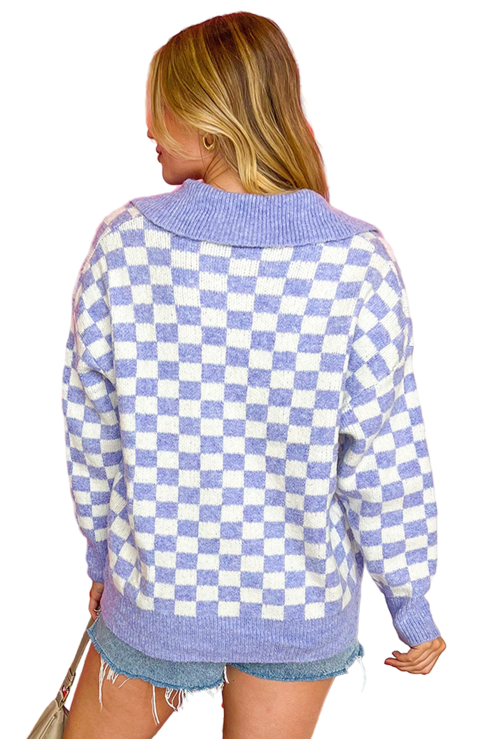 Purple Checkered Collared Buttons Plus Size Sweater